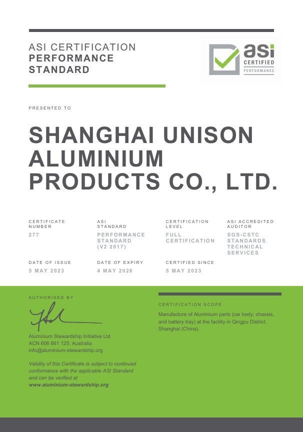 Shanghai Unison Aluminium Products Co., Ltd. bags ASI certification for auto body parts production