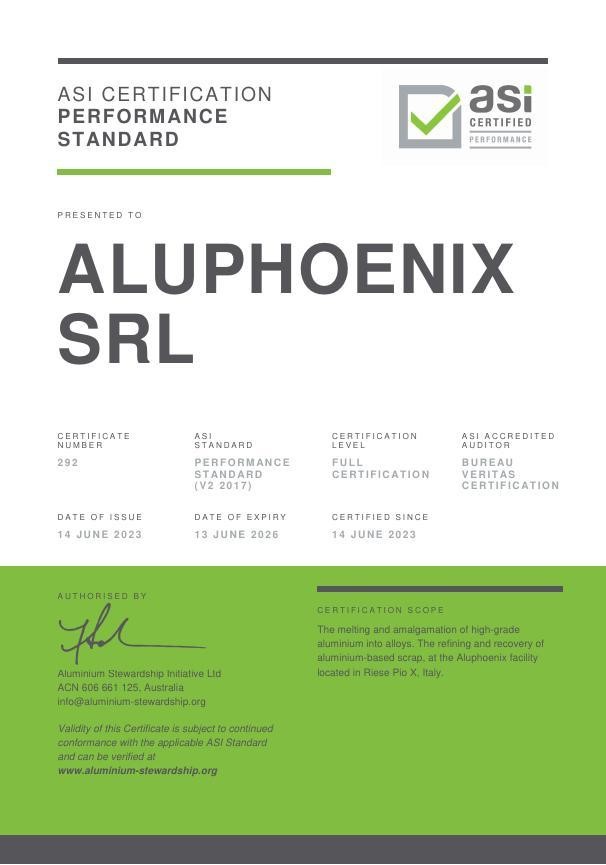 Aluphoenix wins ASI Performance Standard Certification for its ability to remelt aluminium scrap into alloy ingot