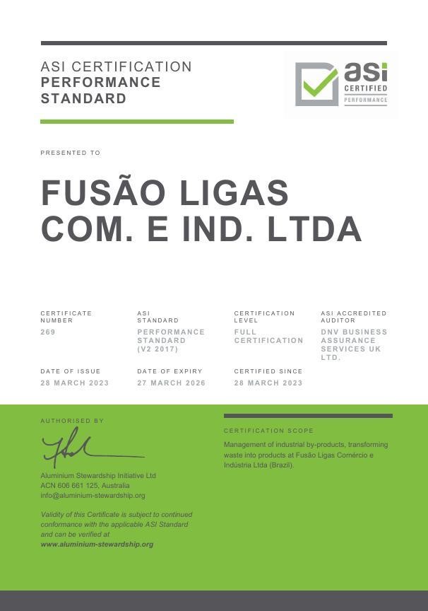 ASI certifies Fusão Ligas against Performance Standard Certification for recycling and reusing aluminium byproducts