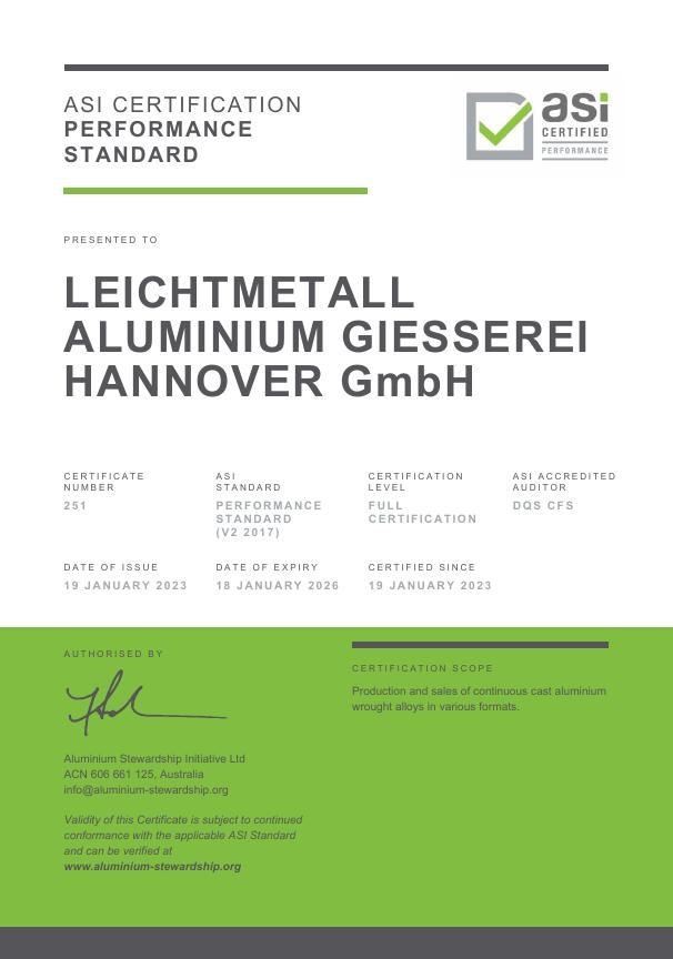 ASI certifies Leichtmetall Aluminium against Performance Standard for remelting and casting at the Hannover site