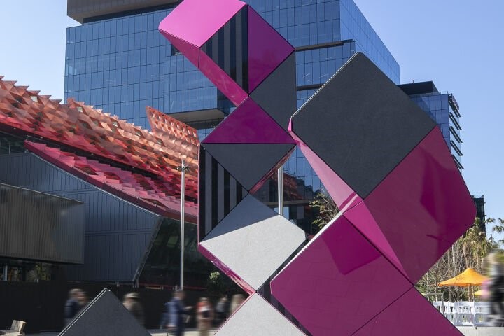 Reko Rennie's artwork featuring aluminium panels celebrates eel's heritage in Parramatta