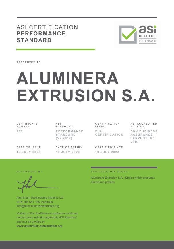 ASI acknowledges ALUMINERA EXTRUSION S.A. with Performance Standard V2 (2017) Certification