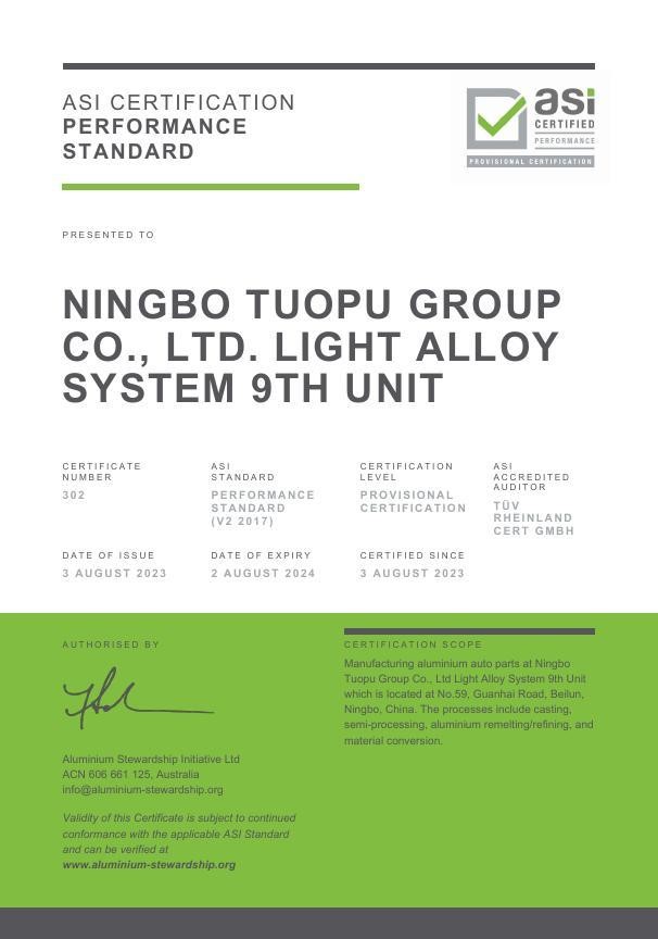 ASI presents Performance Standard Certification to Ningbo Tuopu Group for aluminium casting, remelting/refining
