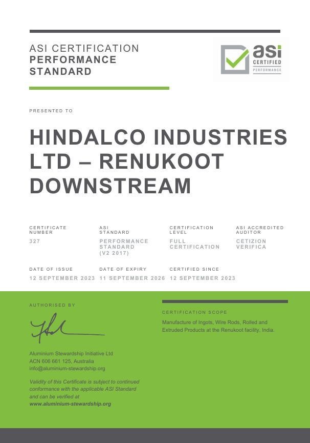 ASI grants Performance Standard Certification to Hindalco’s Renukoot Downstream facility