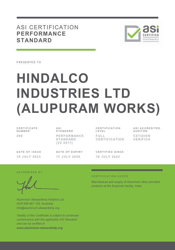 ASI certifies Hindalco Alupram Works for sustainable extruded aluminium alloy production
