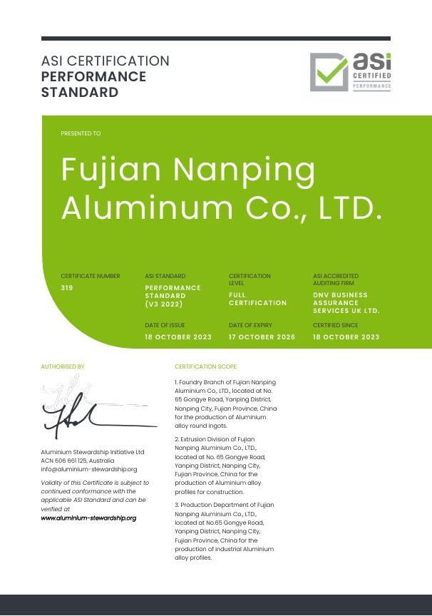 Fujian Nanping Aluminium achieves ASI Performance Standard V3 (2022) Certification