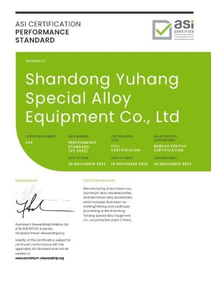 ASI accredits Shandong Yuhang Special Alloy Equipment with the Performance Standard V3 certification