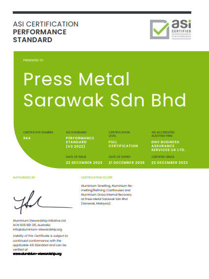 ASI accredits Press Metal Sarawak with the Performance Standard V3 (2022) Certification