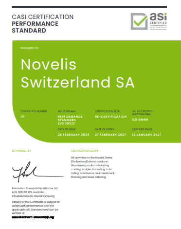 ASI accredits Novelis Sierre with the Performance Standard V3 certification 