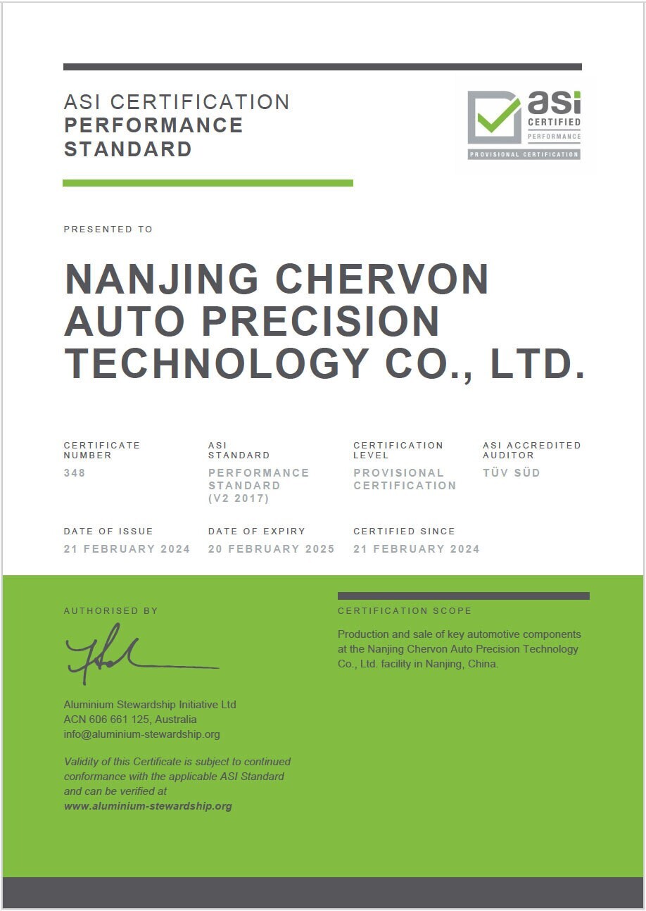ASI certifies Nanjing Chervon Auto Precision Technology against Provisional Performance Standard Certification