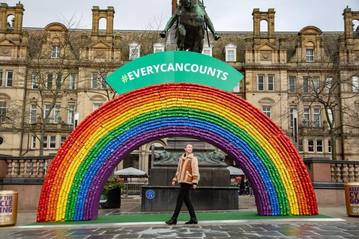 Every Can Counts upholds signature aluminium can rainbow at Leeds Station to celebrate Earth Day 