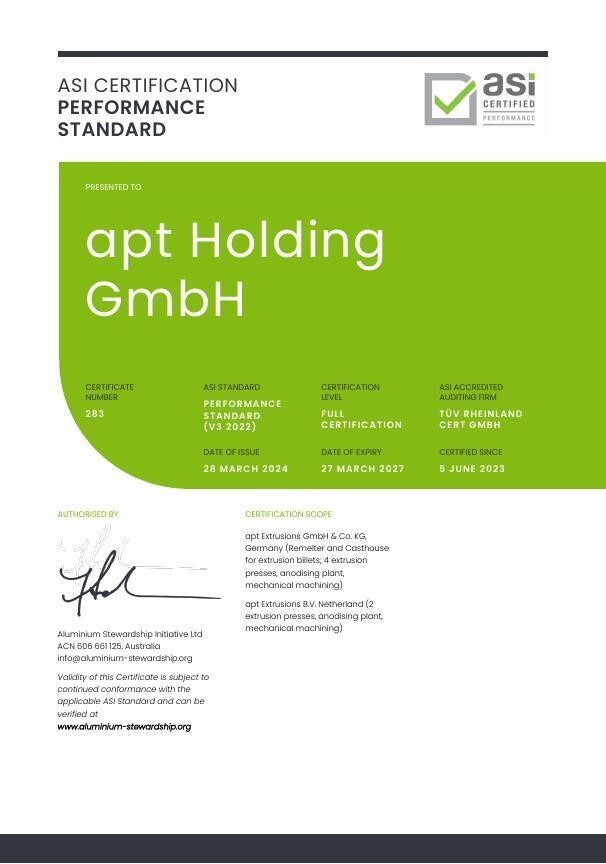apt Holding GmbH bags ASI Performance Standard Certification for its two aluminium extrusion facilities