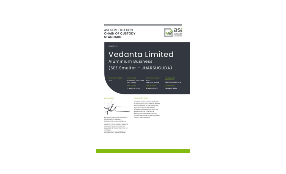 Vedanta’s Jharsuguda aluminium smelter achieves the ASI Chain of Custody (CoC) Standard V2 Certification