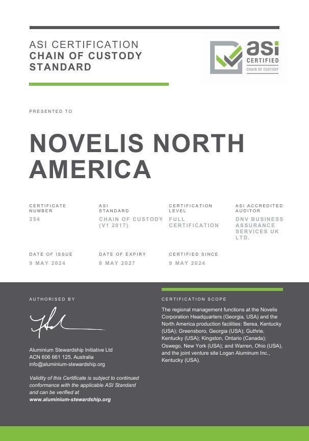 Novelis’ North America operations earn ASI Chain of Custody Standard Certification for sustainable sourcing practices