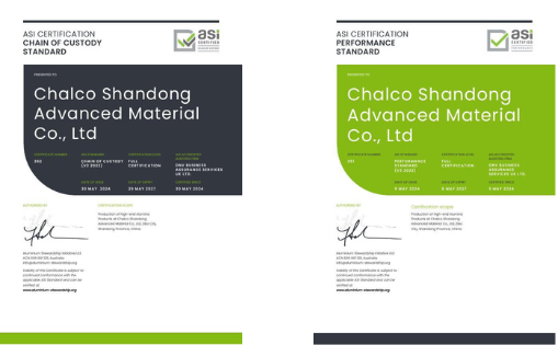 Chalco Shandong Advanced Material earns ASI CoC standard V2 certification for producing high-end alumina products