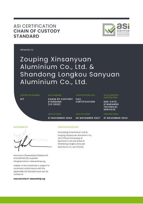 Dual Chinese facilities obtain ASI Chain of Custody Standard Certification for aluminium coil and sheet processing