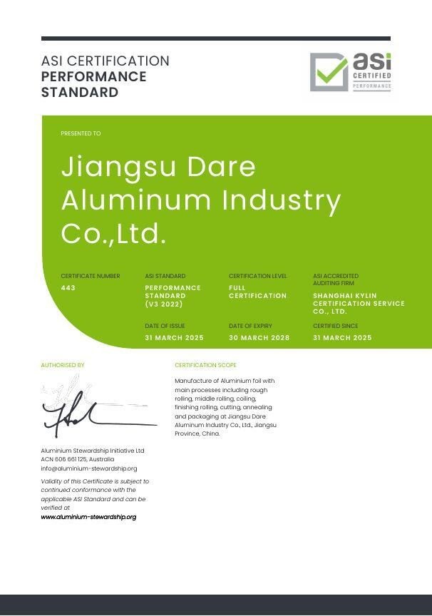 ASI certifies Jiangsu Dare Aluminum Industry
