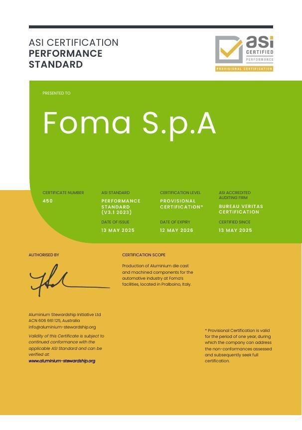 ASI certifies Foma S.p.A against Performance Standard v3.1 (2023)