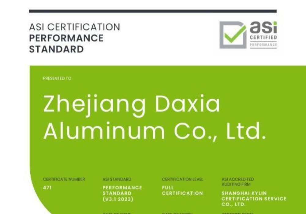 ASI certifies Zhejiang Daxia Aluminum Co., Ltd. against Performance Standard V3.1