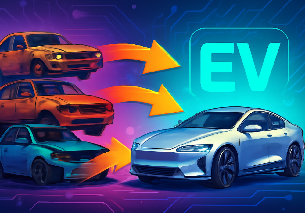 Old cars turning into EV - AI generated image