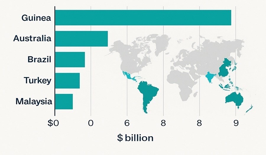 Global bauxite trade H1 2025: Guinea tops with $8.9B exports, Brazil and Turkey falter