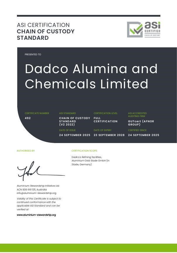 ASI certifies Dadco Alumina and Chemicals Limited against the Chain of Custody Standard V2