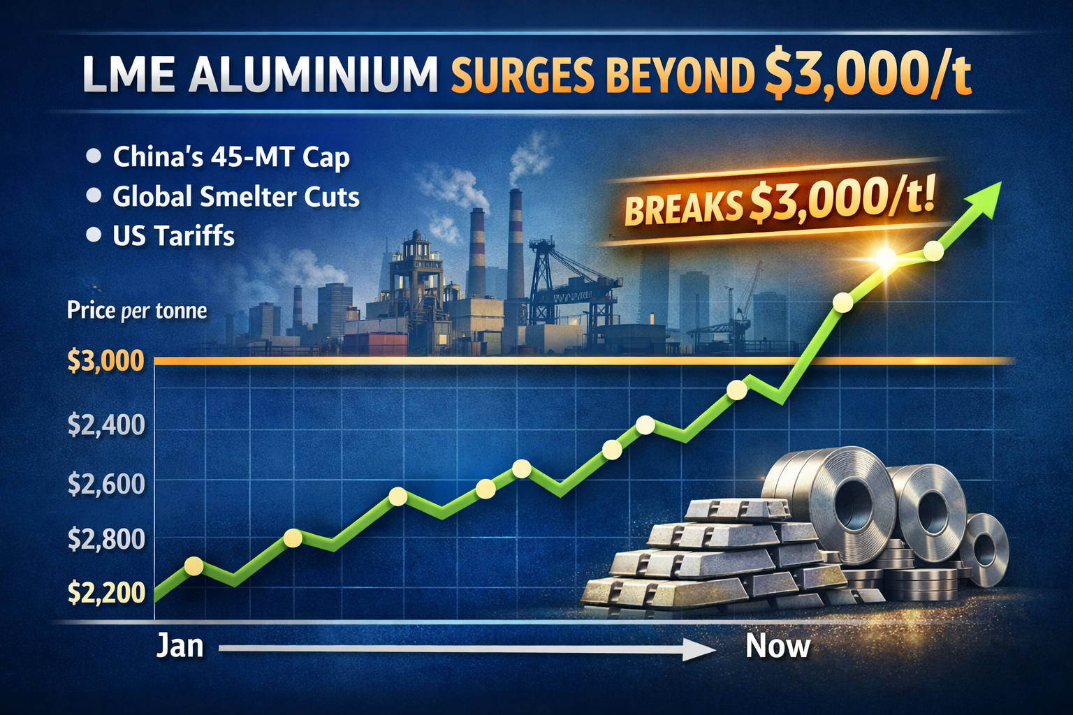 LME aluminium contract crosses $3000/t as supply deficit deepens with China’s 45-MT cap, smelter cuts, and US tariffs