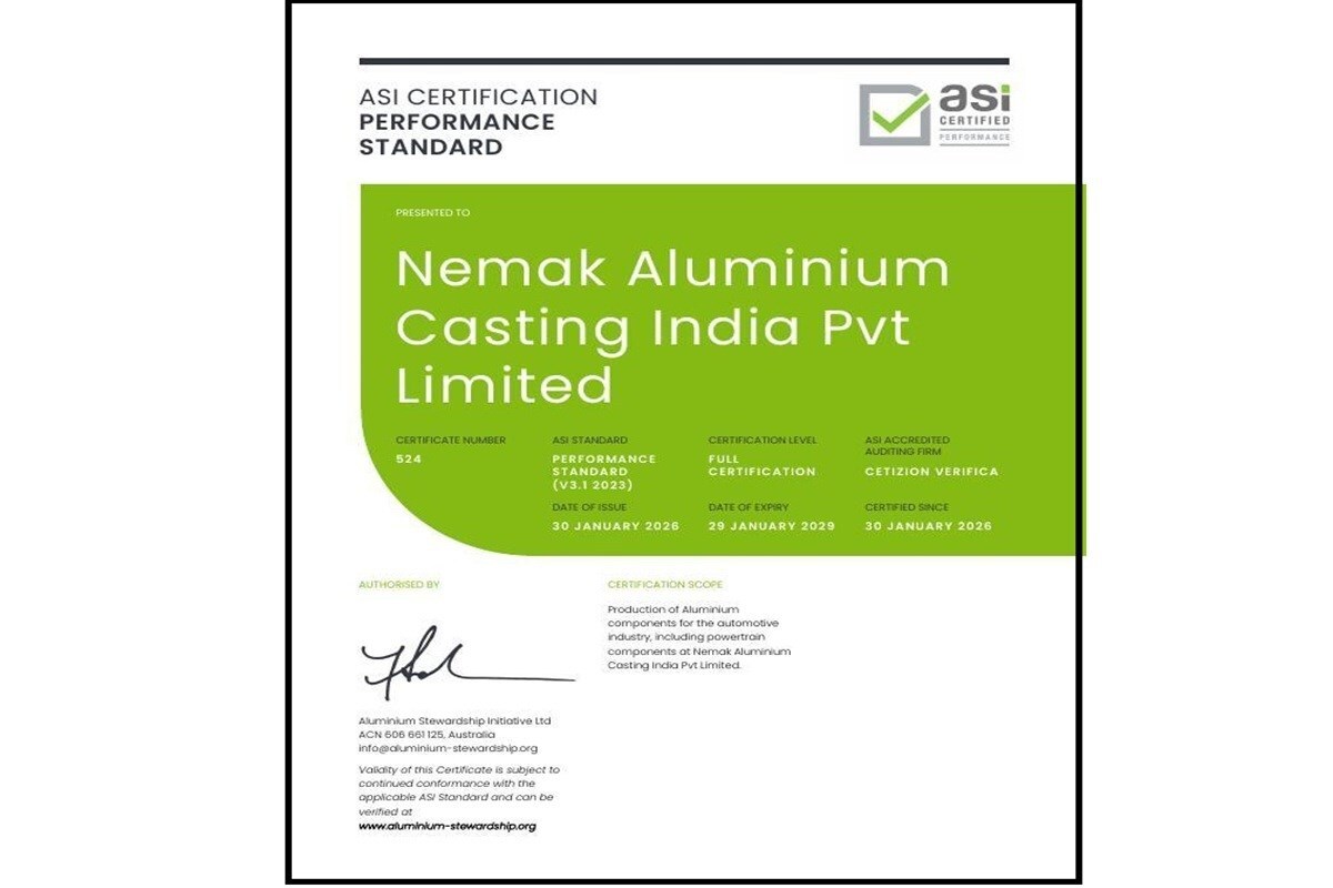 Nemak India ottiene certificazione ASI V3.1 per la produzione di componenti in alluminio automotive