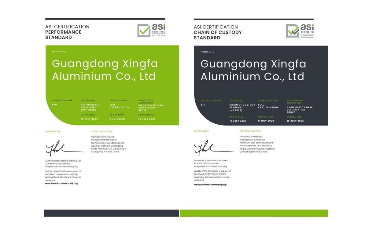ASI certifies Guangdong Xingfa Aluminium Co., Ltd against Performance Standard V3.1 and Chain of Custody V2